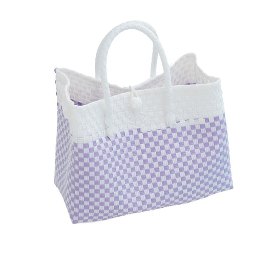 Lola Recycled Plastic Woven Tote Large - White and Lite Purple Checker