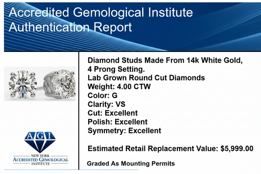 4.00 CTW AGI Certified Lab Grown Diamond Stud Earrings in 14K White or Yellow Gold - G Color VS Clarity