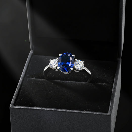 2.00 CTW Lab Created Oval Blue Sapphire & Diamond 3-Stone Engagement Ring in 14kt Gold