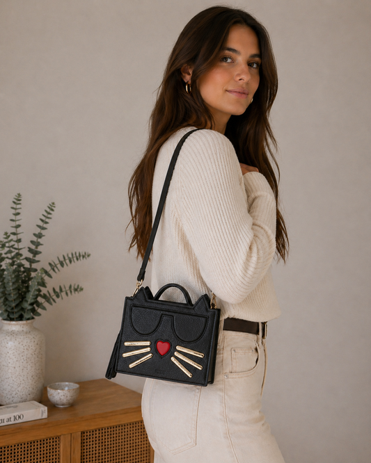 Leather Cat Bag Black Crossbody Purse