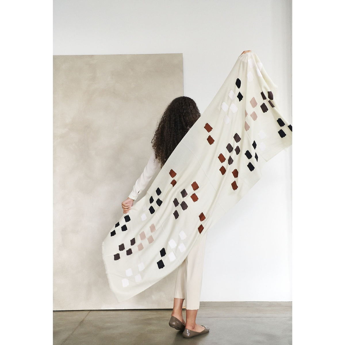 Off White Dahlia Hand Embroidered Hand Woven Modern Artisanal Scarf