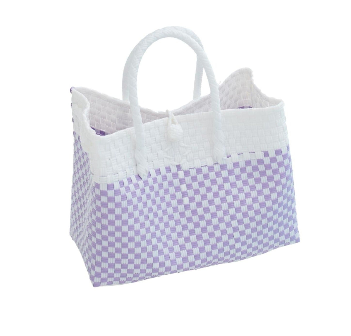 Lola Recycled Plastic Woven Tote Large - White and Lite Purple Checker