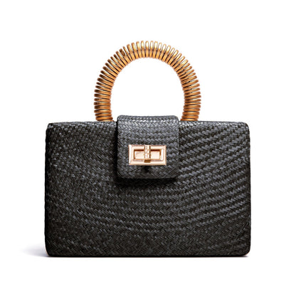 THE GRACIE Black & Gold Woven Buntal Straw Clutch Bag