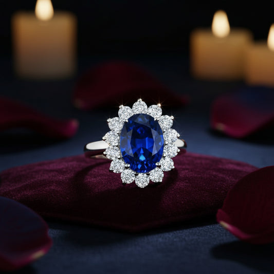 Princess Diana Inspired 3.00CTW AGI Certified G/VS Lab-Grown Sapphire and Diamond Halo Ring in 14K White Gold