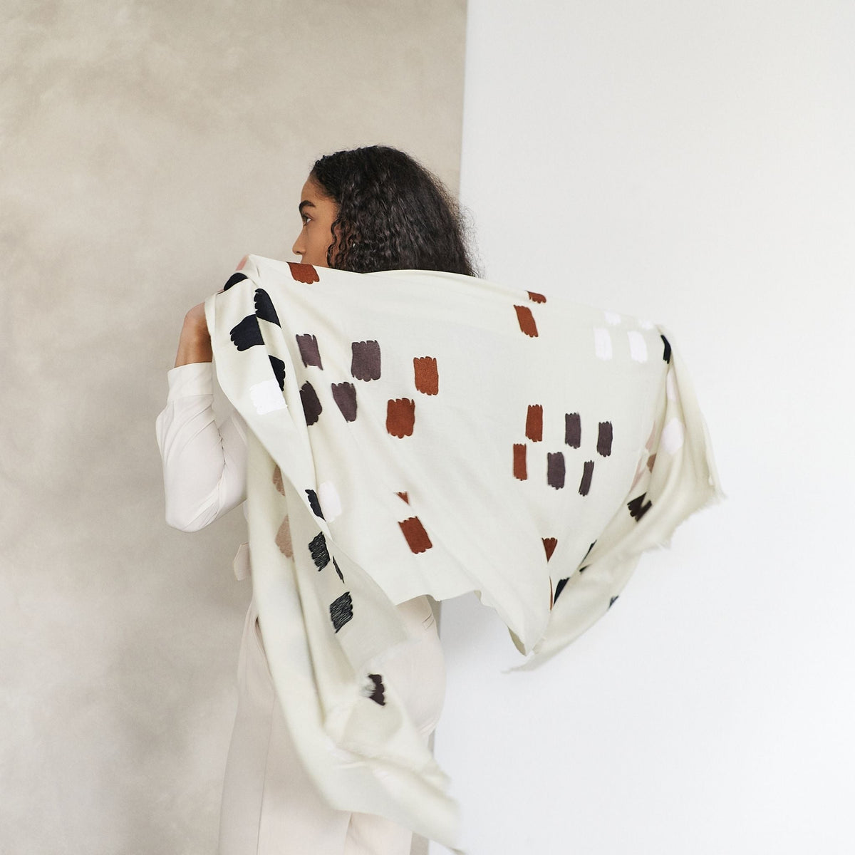 Off White Dahlia Hand Embroidered Hand Woven Modern Artisanal Scarf