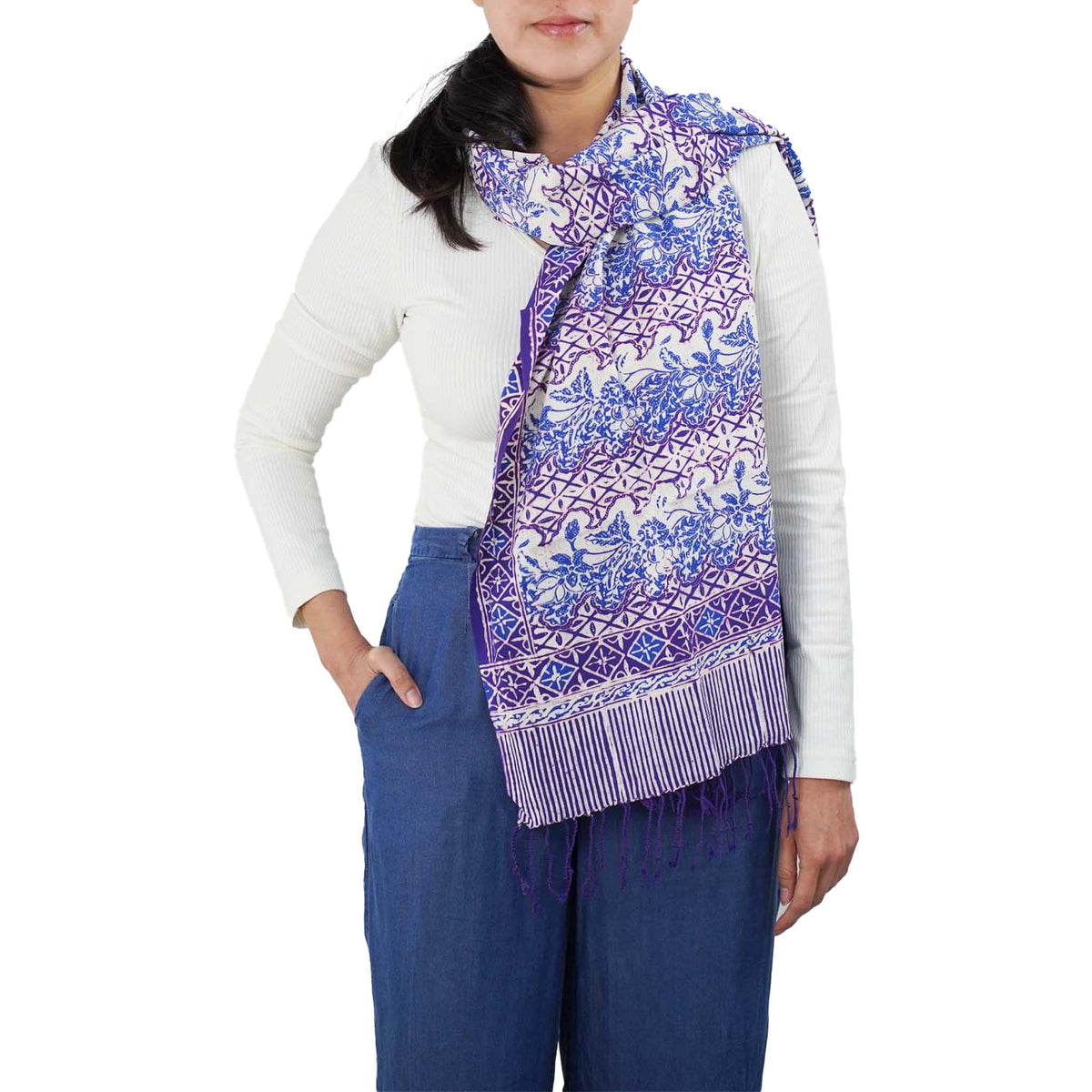 Handmade Batik Scarf - soft Cotton - Vines in Navy Blue