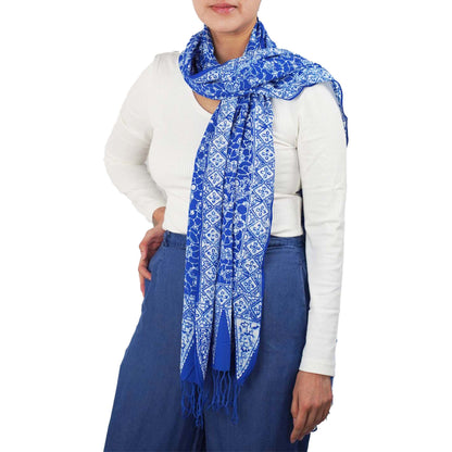 Handmade Batik Scarf, soft Cotton, Boulder, Blue, Light Blue, White