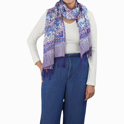 Handmade Batik Scarf - soft Cotton - Vines in Navy Blue