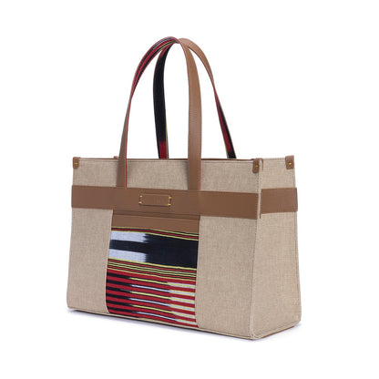 Tobacco Leather & Canvas Tote Bag with Pockets