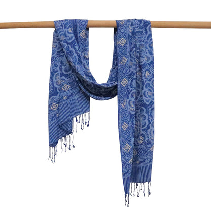 Hand Dyed Batik Scarf - Soft Cotton, Blue Roses, White, Floral, Flower