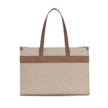 Tobacco Leather & Canvas Tote Bag with Pockets