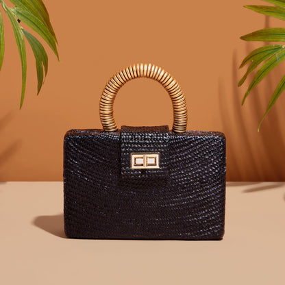 THE GRACIE Black & Gold Woven Buntal Straw Clutch Bag