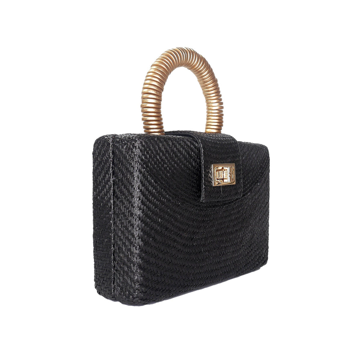 THE GRACIE Black & Gold Woven Buntal Straw Clutch Bag