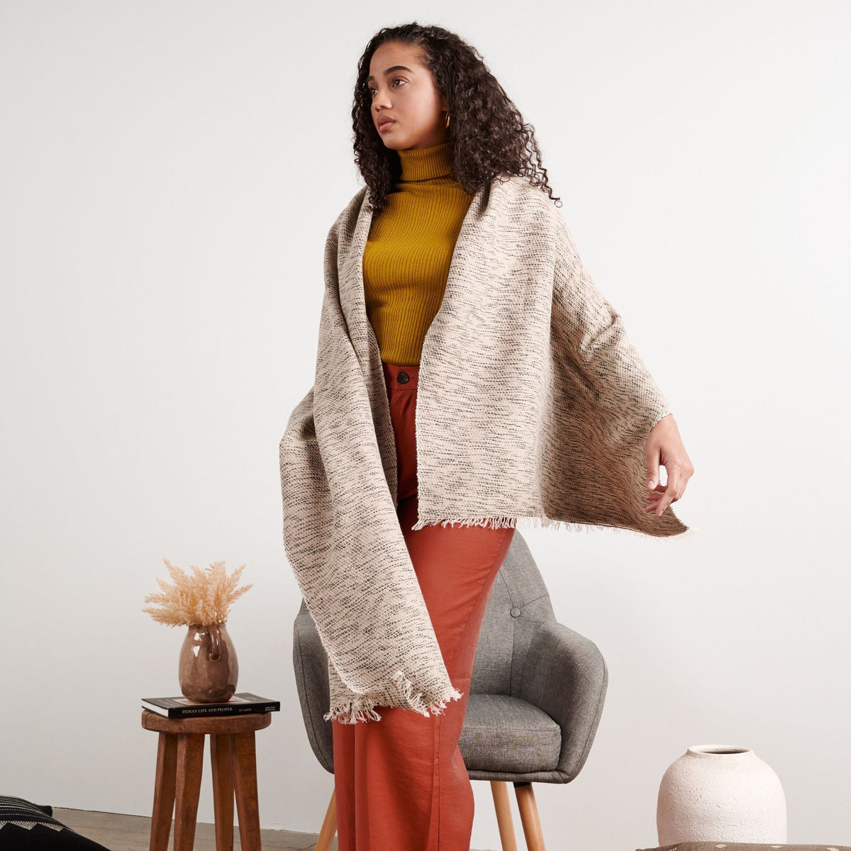 Forest Night Handwoven Neutral Cashmere Merino Scarf