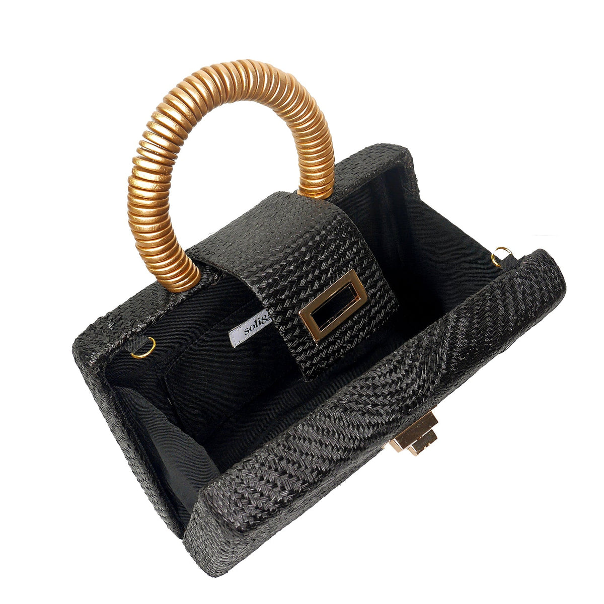 THE GRACIE Black & Gold Woven Buntal Straw Clutch Bag