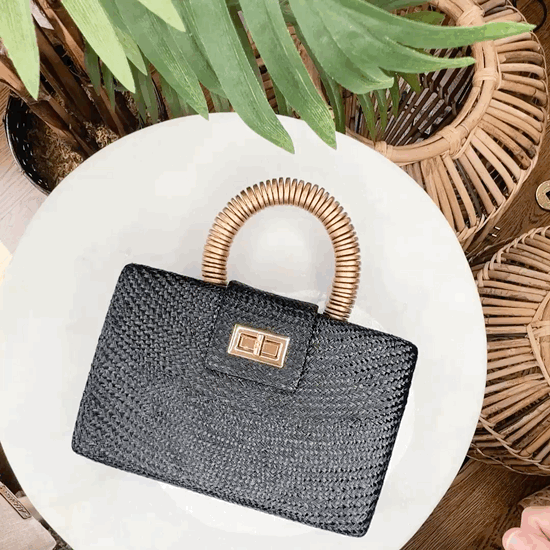 THE GRACIE Black & Gold Woven Buntal Straw Clutch Bag