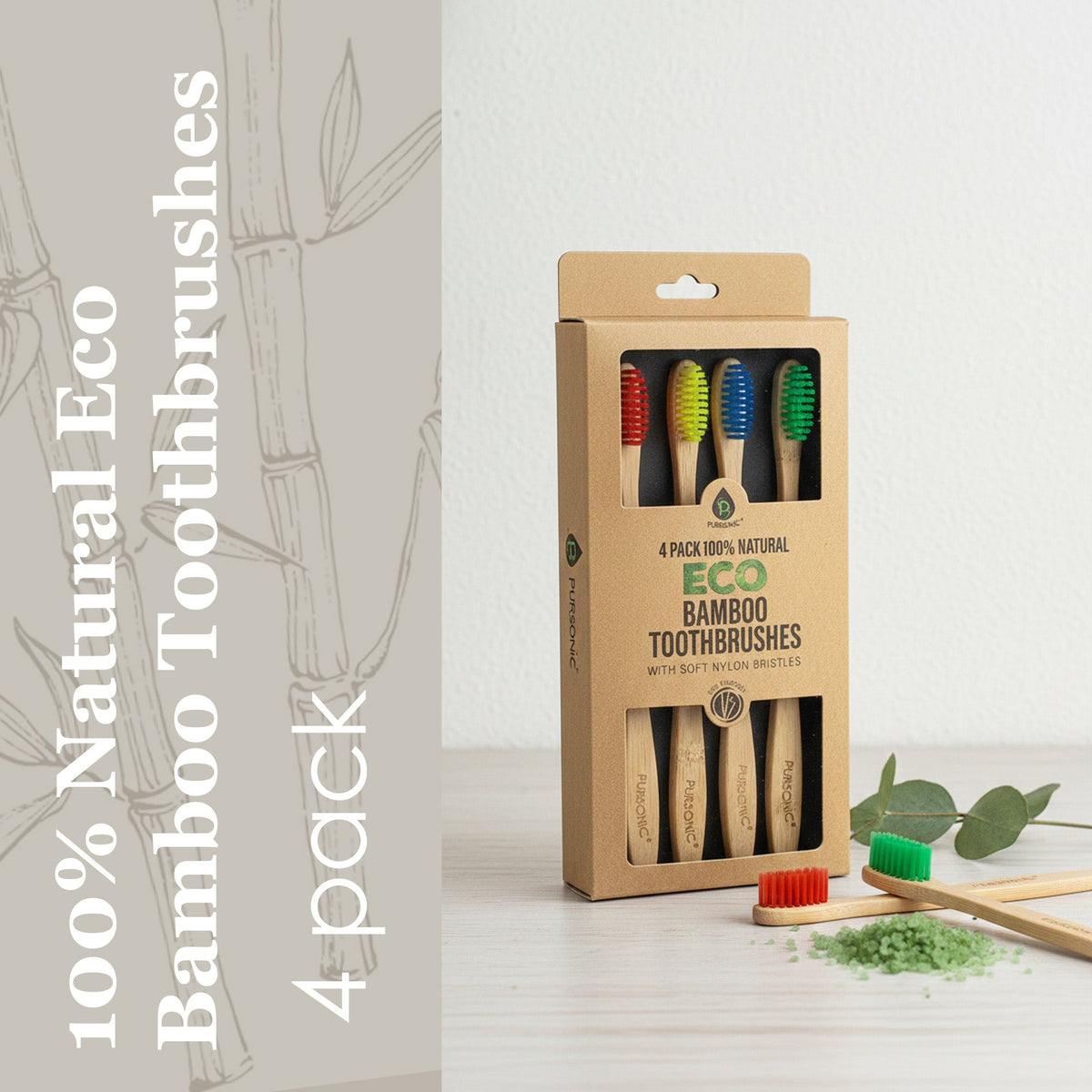 100% Natural Eco Bamboo Toothbrushes (4 pack)