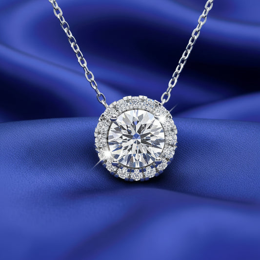 AGI Certified Lab-Grown Diamond Halo Pendant Necklace in 14kt White Gold – 1 CTW or 2 CTW