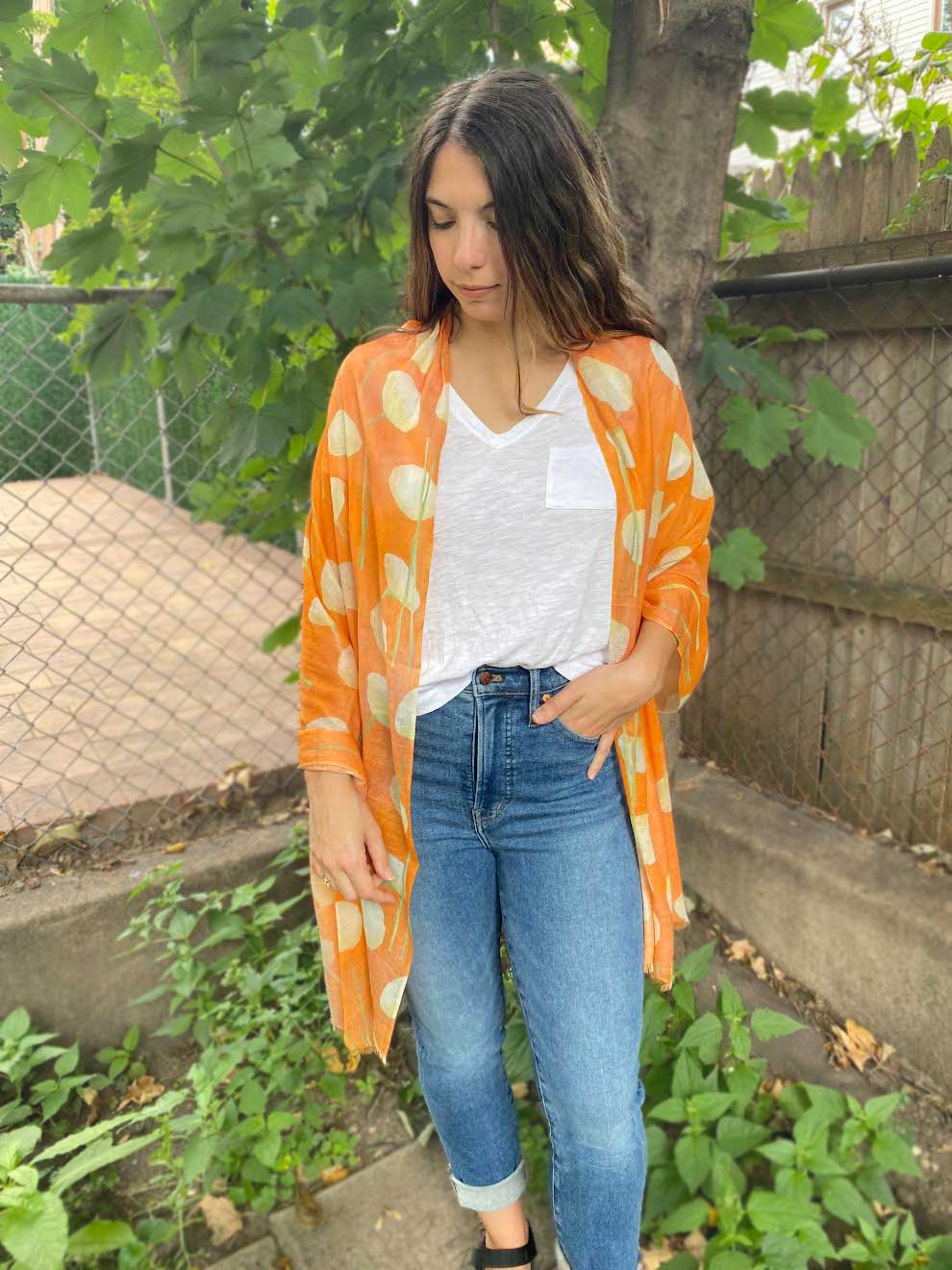 Scarf: Cream Flowers on Orange