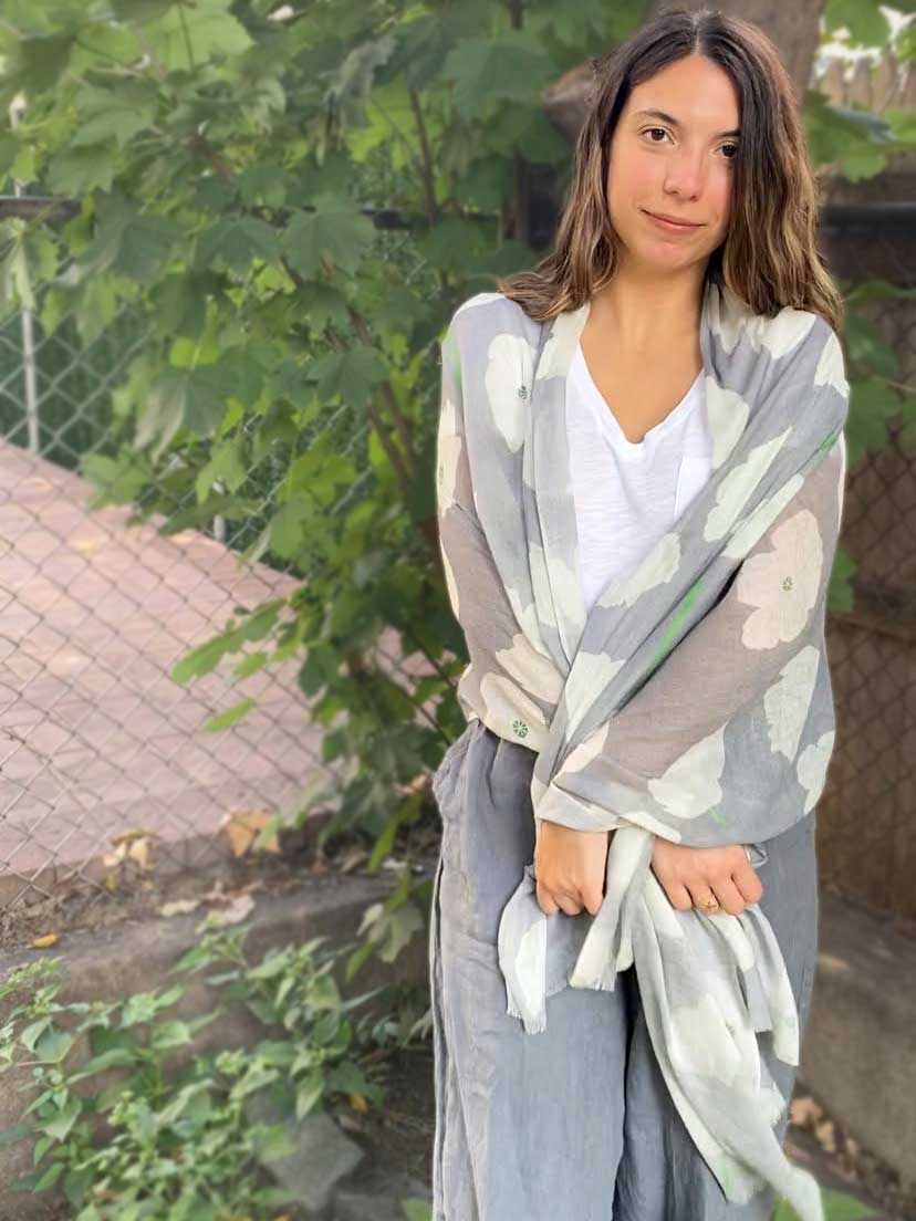 Scarf: White Poppies on Grey