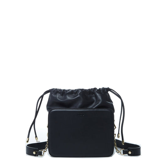 Leather Bucket Bag Black Purse Drawstring Design Medium Size Bag