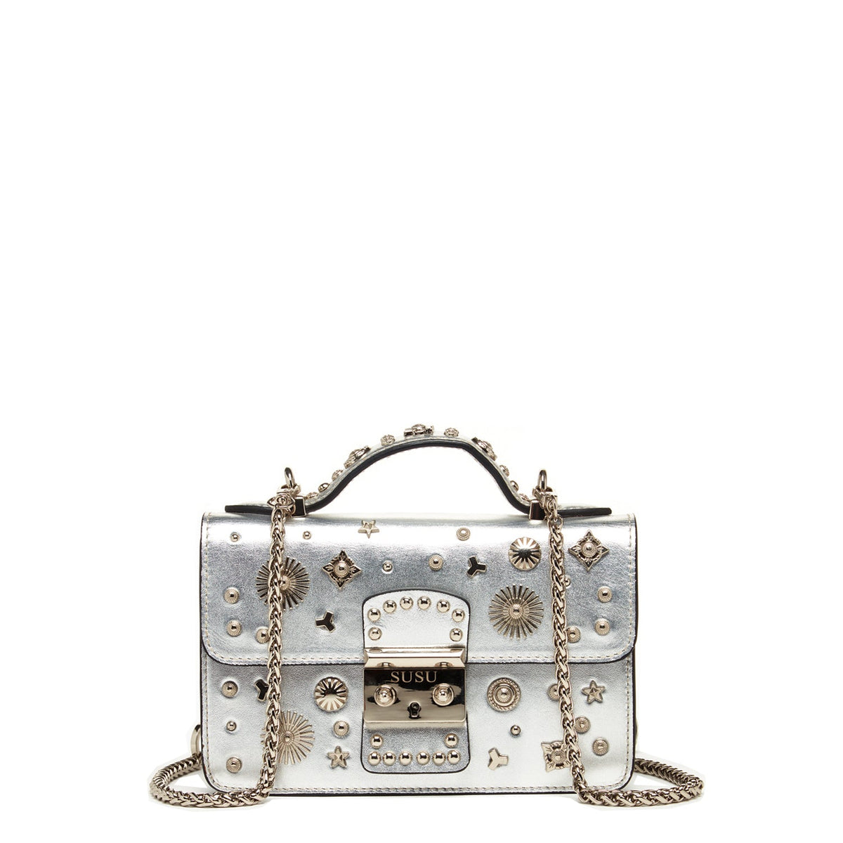 Small Leather Crossbody Bag Studded Silver Purse