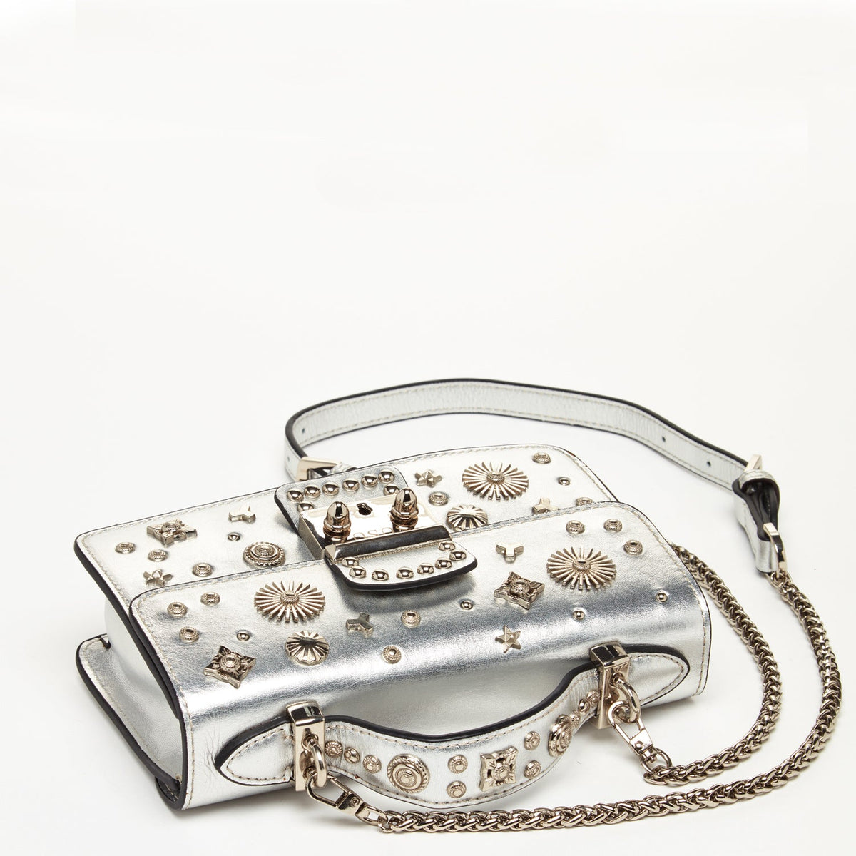 Small Leather Crossbody Bag Studded Silver Purse