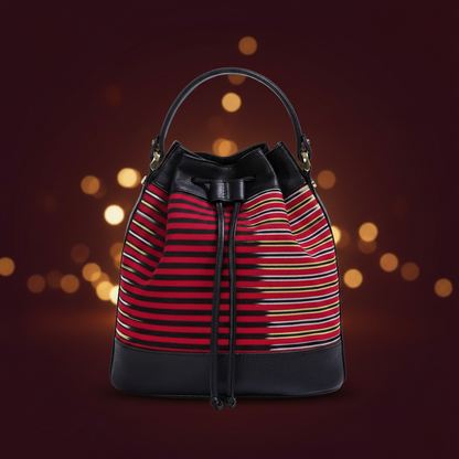 Black Leather & Striped Fabric Pattern Convertible Bag