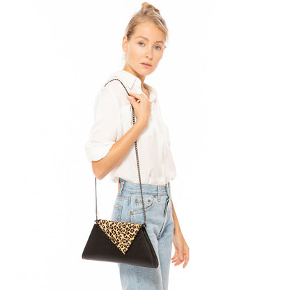 Black Leather Clutch Bag Leopard Unique Evening Purse Women's Handbag