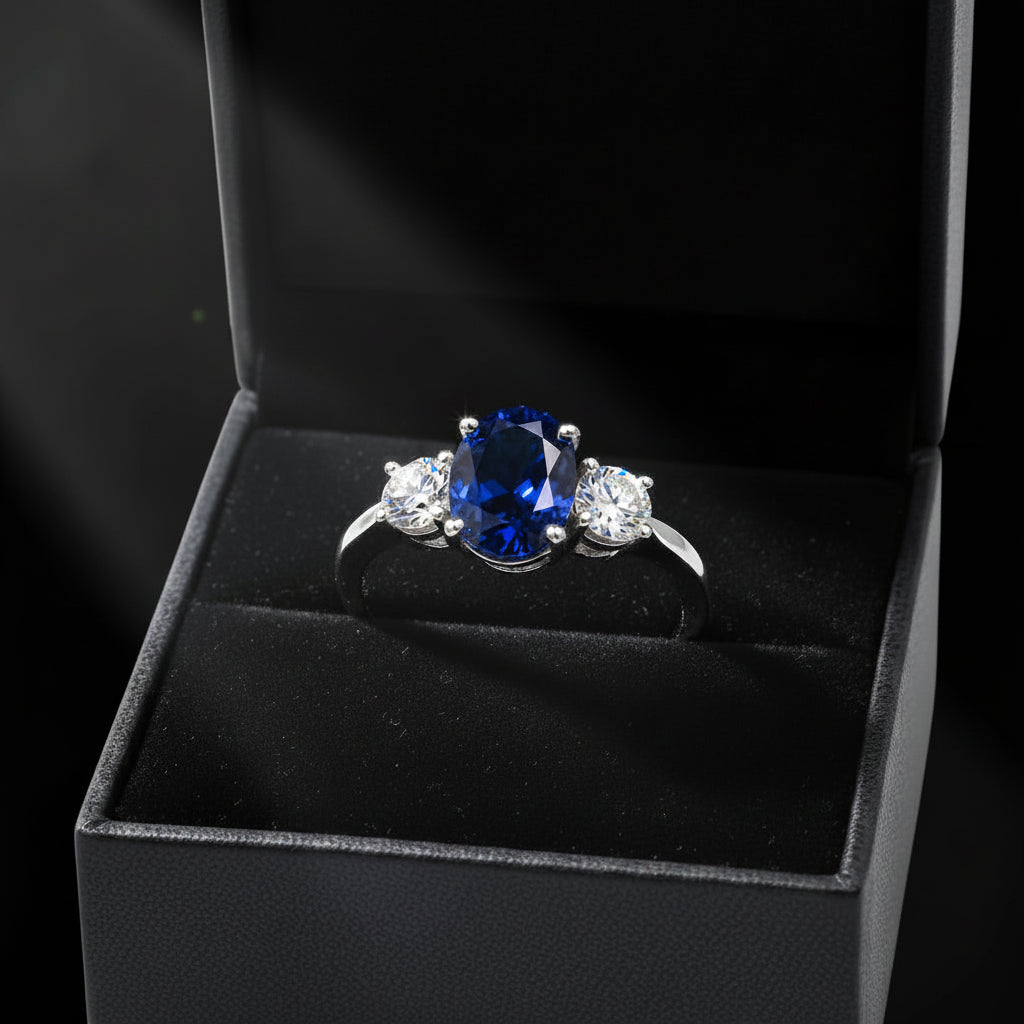 2.00 CTW Lab Created Oval Blue Sapphire & Diamond 3-Stone Engagement Ring in 14kt Gold