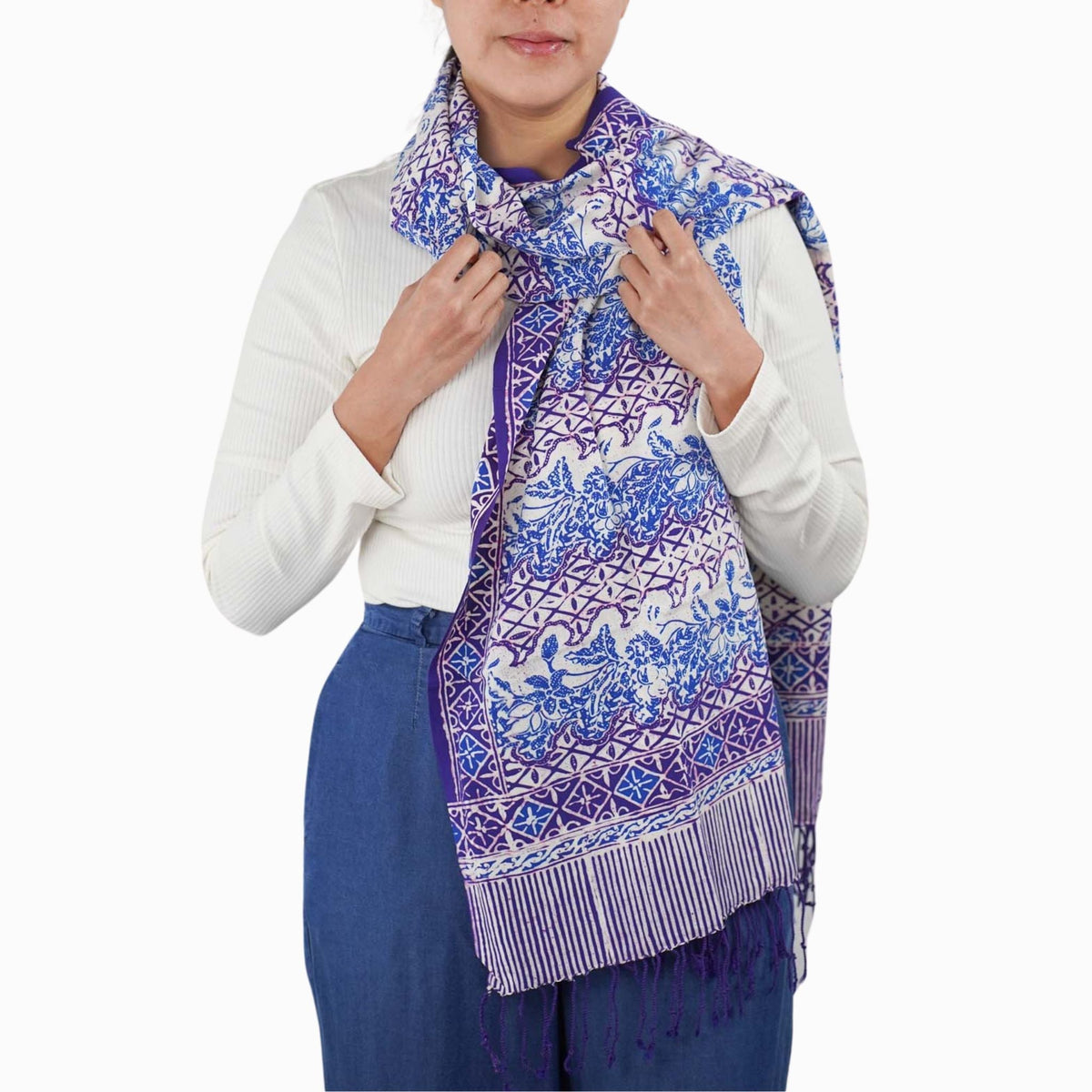 Handmade Batik Scarf - soft Cotton - Vines in Navy Blue
