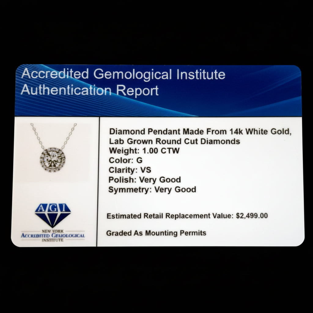 AGI Certified Lab-Grown Diamond Halo Pendant Necklace in 14kt White Gold – 1 CTW or 2 CTW