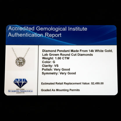 AGI Certified Lab-Grown Diamond Halo Pendant Necklace in 14kt White Gold – 1 CTW or 2 CTW