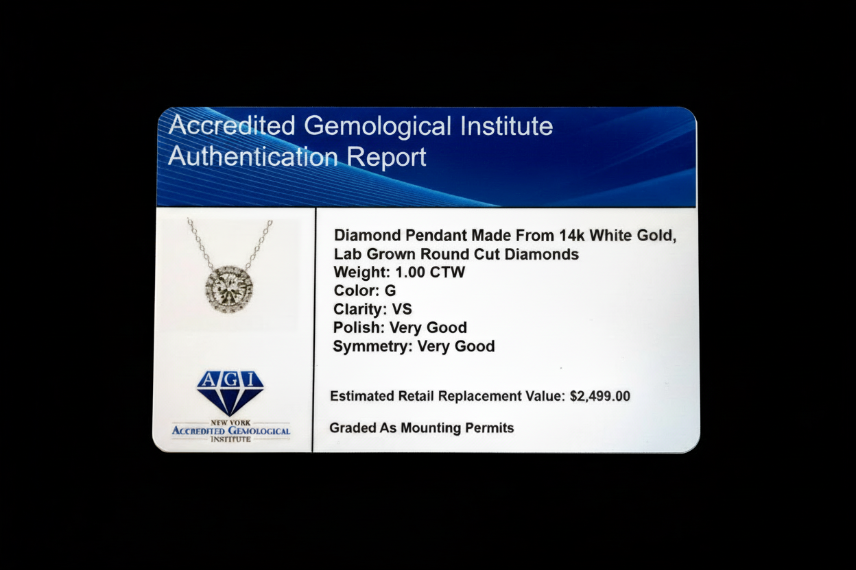 AGI Certified Lab-Grown Diamond Halo Pendant Necklace in 14kt White Gold – 1 CTW or 2 CTW