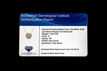 AGI Certified Lab-Grown Diamond Halo Pendant Necklace in 14kt White Gold – 1 CTW or 2 CTW