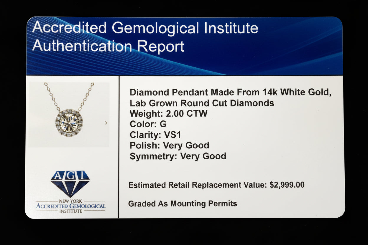 AGI Certified Lab-Grown Diamond Halo Pendant Necklace in 14kt White Gold – 1 CTW or 2 CTW