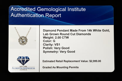 AGI Certified Lab-Grown Diamond Halo Pendant Necklace in 14kt White Gold – 1 CTW or 2 CTW