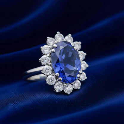 Princess Diana Inspired 3.00CTW AGI Certified G/VS Lab-Grown Sapphire and Diamond Halo Ring in 14K White Gold