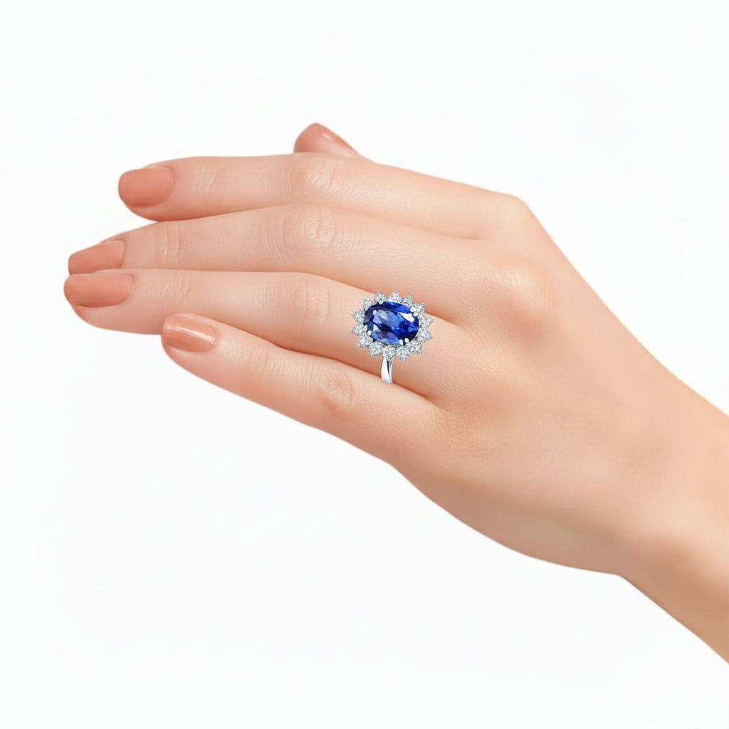 Princess Diana Inspired 3.00CTW AGI Certified G/VS Lab-Grown Sapphire and Diamond Halo Ring in 14K White Gold