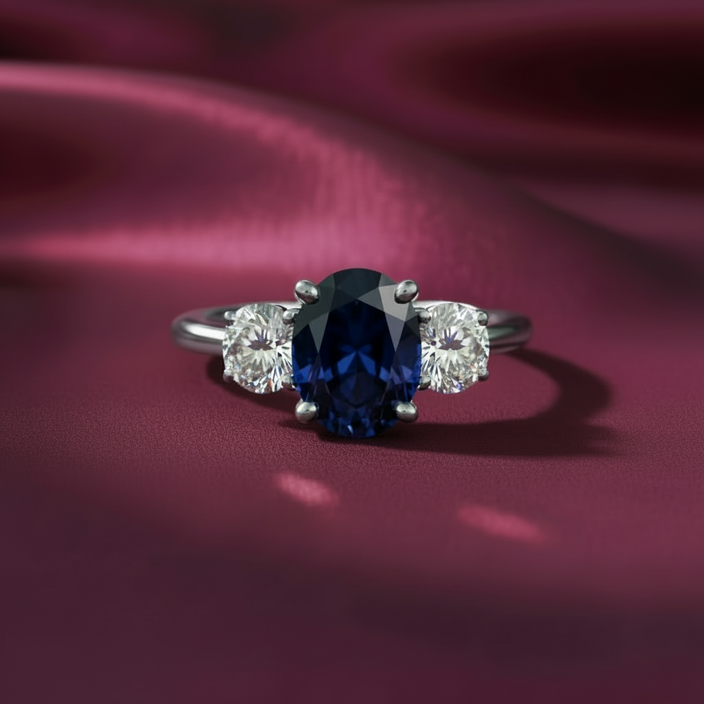 Oval Sapphire Ring on Original Silk Burgundy