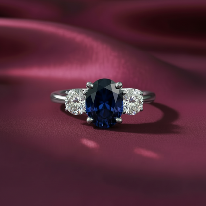 Oval Sapphire Ring on Original Silk Burgundy
