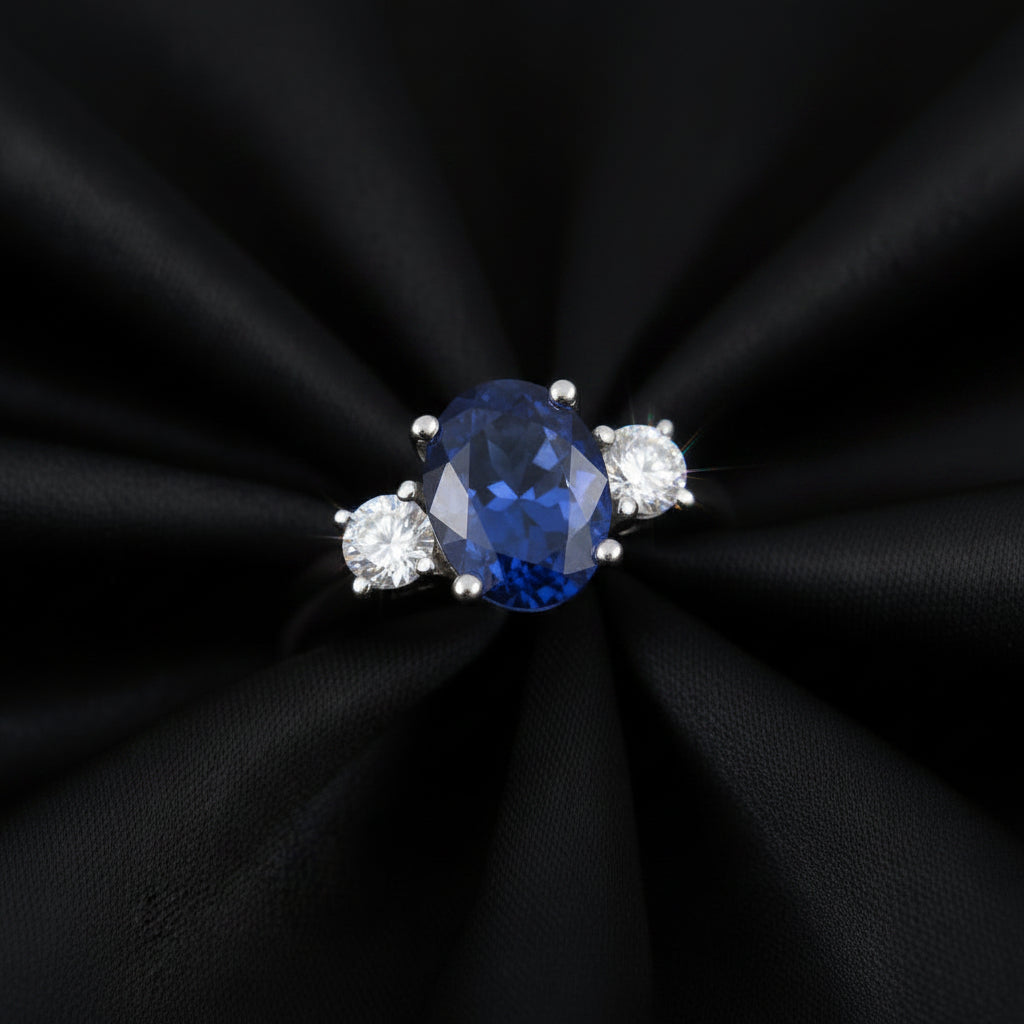 2.00 CTW Lab Created Oval Blue Sapphire & Diamond 3-Stone Engagement Ring in 14kt Gold