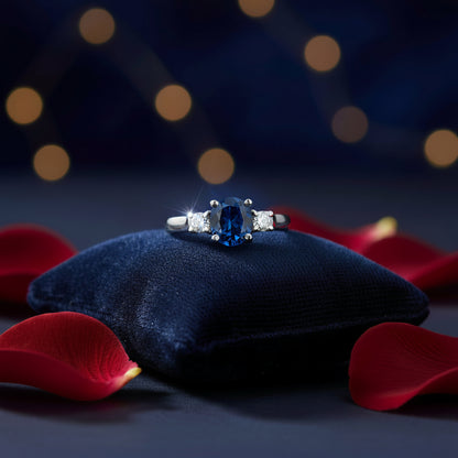 2.00 CTW Lab Created Oval Blue Sapphire & Diamond 3-Stone Engagement Ring in 14kt Gold